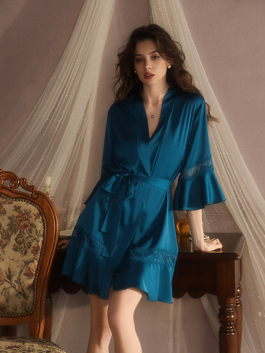 Teal Satin Lace Chemise Robe Set