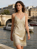 100% Pure Silk V-Neck Lace Hem Cami Nightgown