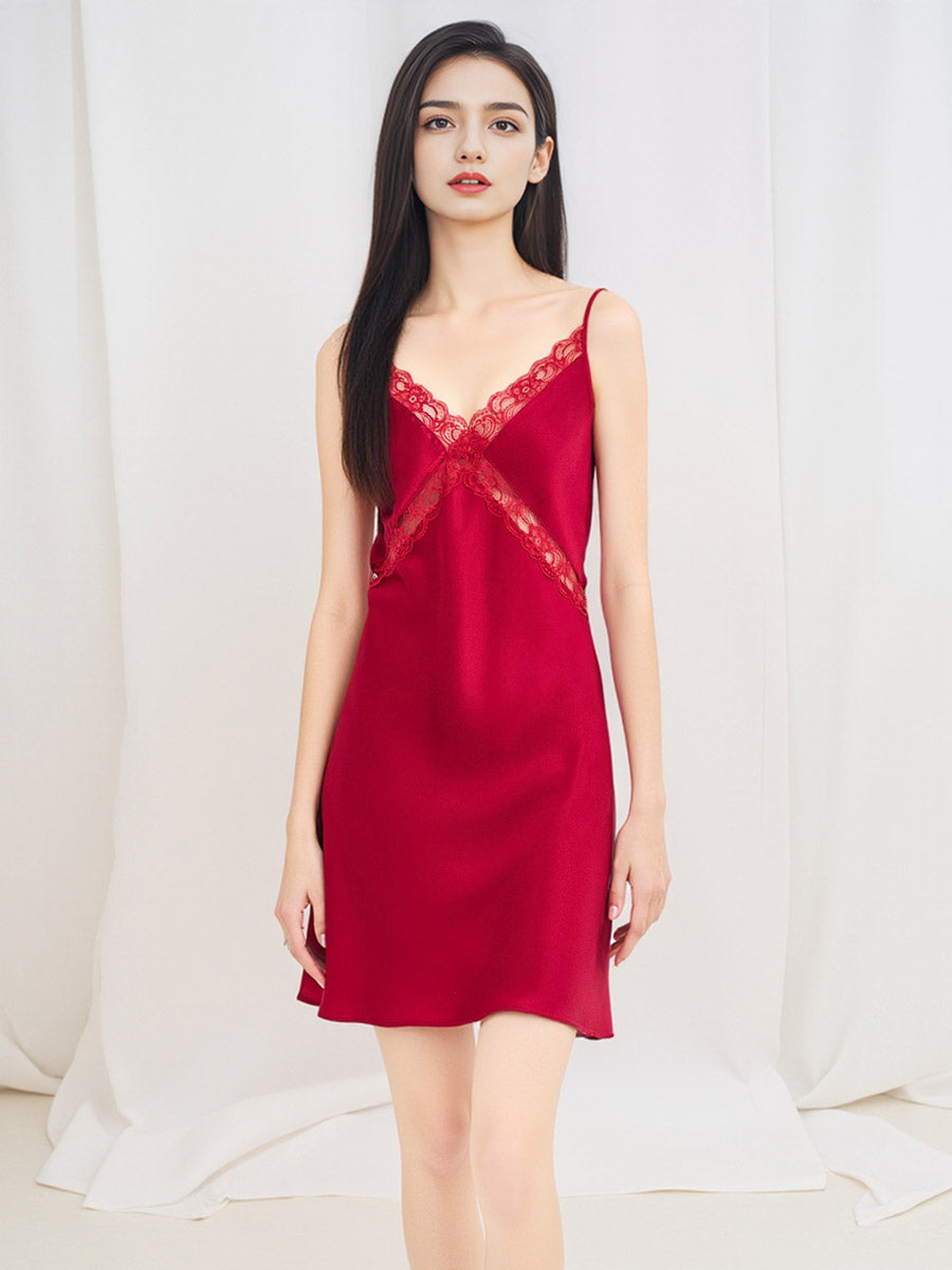 100% Pure Silk Crisscross Lace V-Neck Slip Nightgown