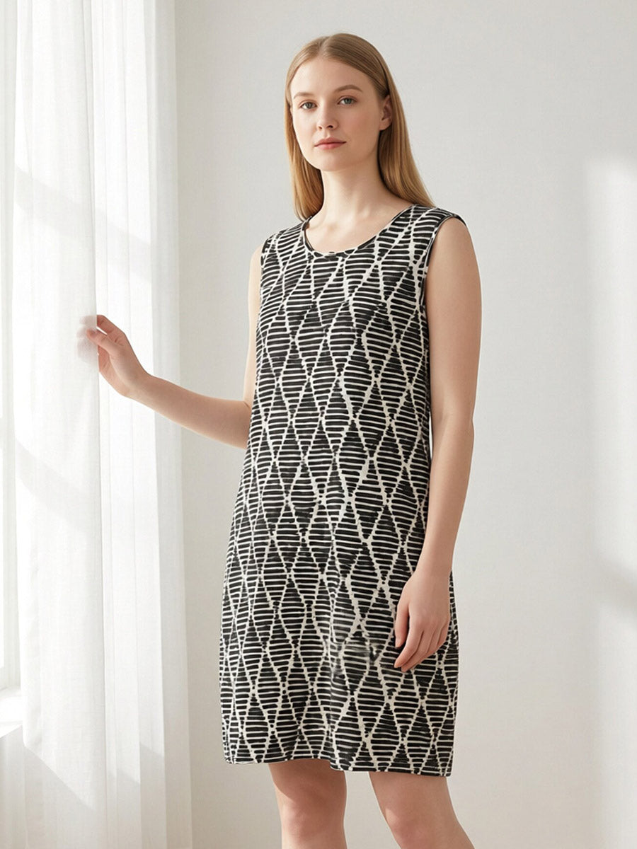 Soft Silk Sleeveless Sleep Dress with Geometric Pattern