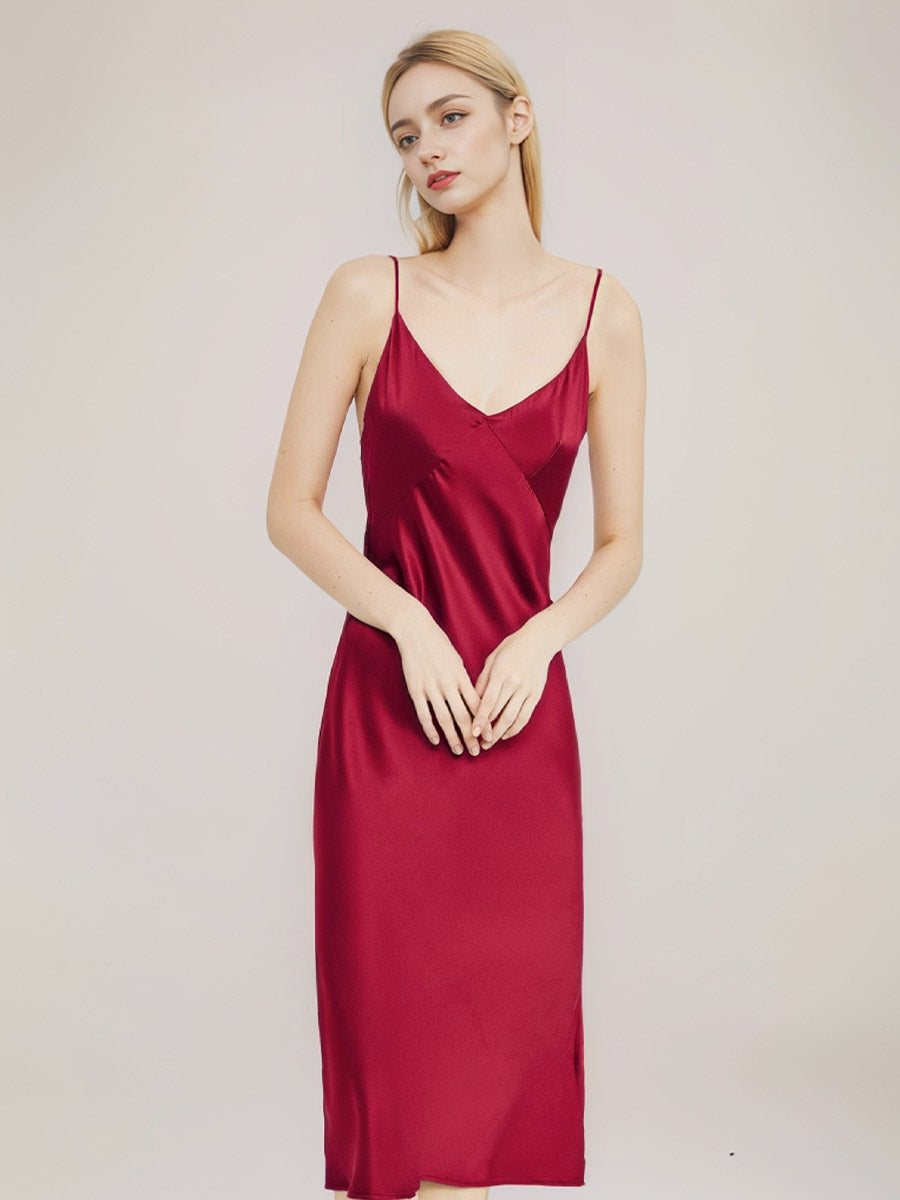 100% Pure Silk V-Neck Wrap Midi Slip Dress