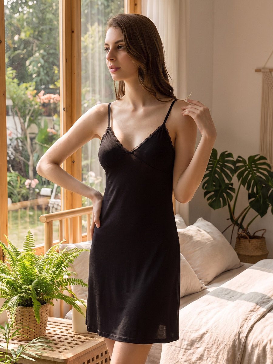Silk Blend Lace V-Neck Nightgown with Removable Pads