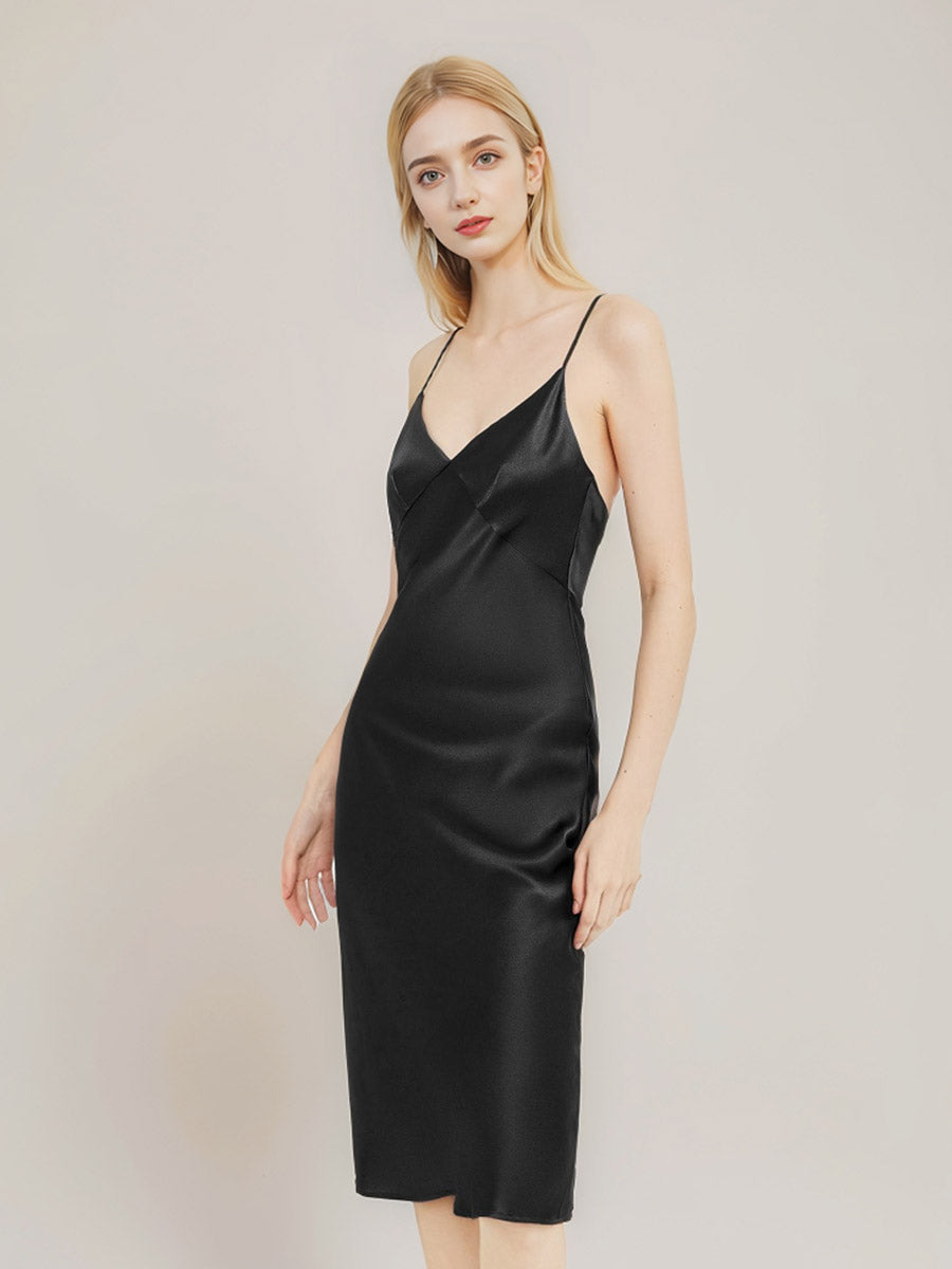 100% Pure Silk V-Neck Wrap Midi Slip Dress