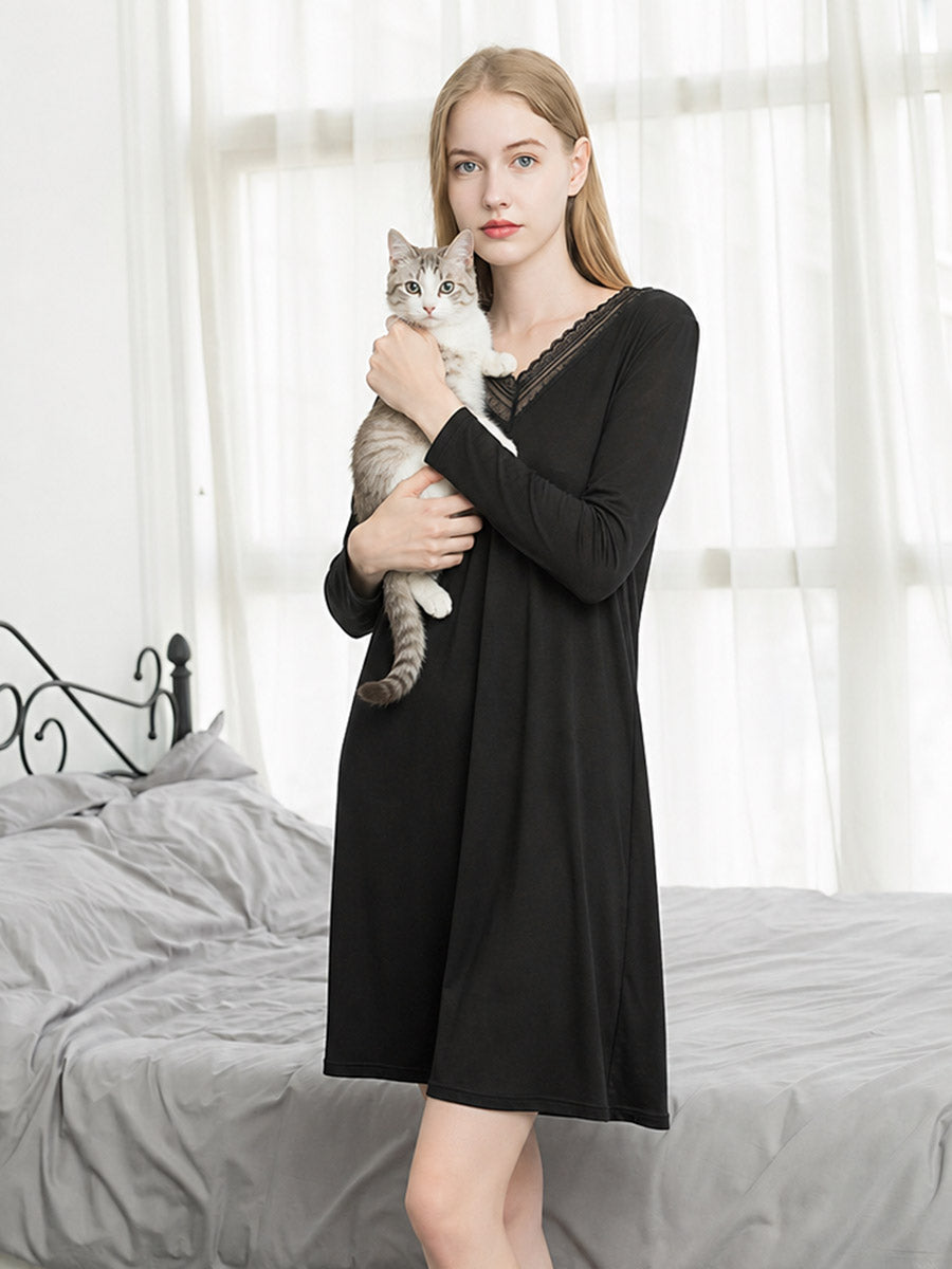 Soft Long Sleeve V-Neck Loungewear Night Dress