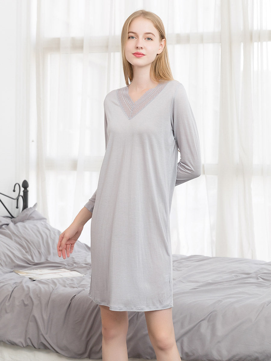 Soft Long Sleeve V-Neck Loungewear Night Dress