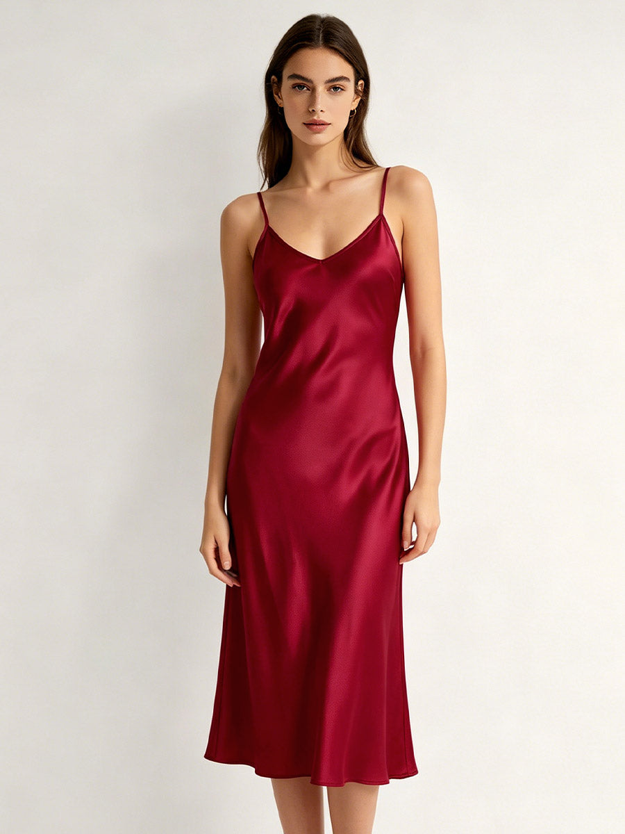 100% Pure Silk V-Neck Midi Slip Nightgown