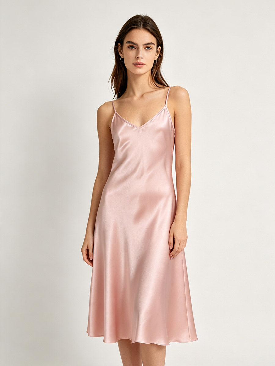 100% Pure Silk V-Neck Midi Slip Nightgown