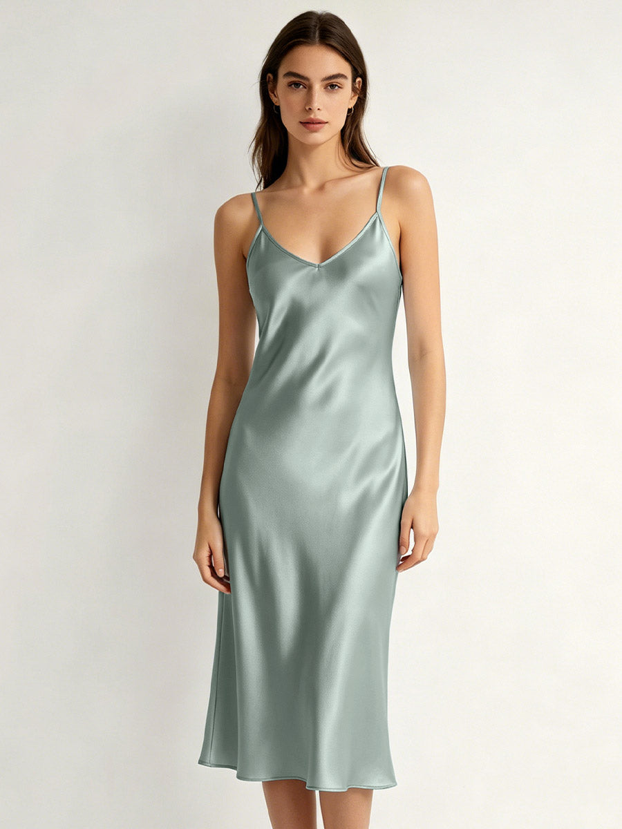 100% Pure Silk V-Neck Midi Slip Nightgown