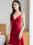 100% Pure Silk Crisscross Lace V-Neck Slip Nightgown
