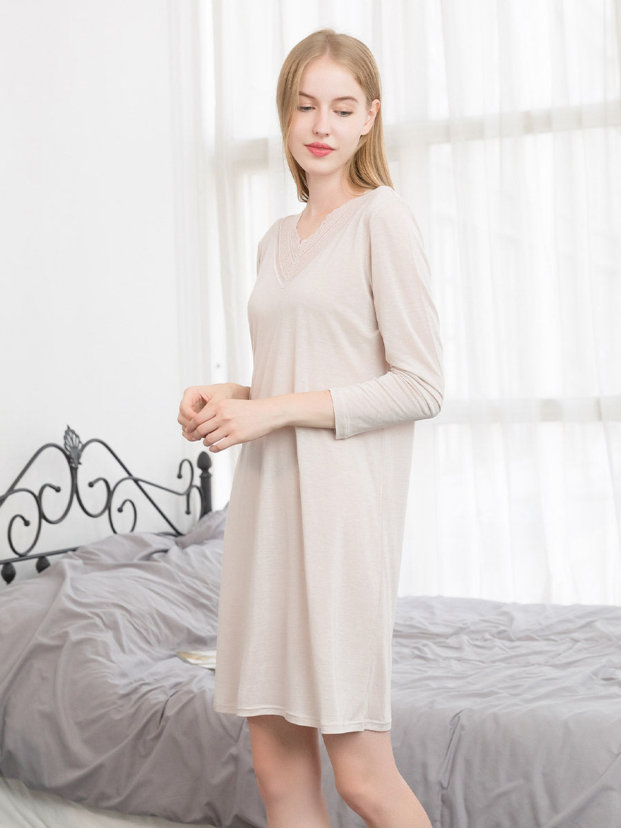 Soft Long Sleeve V-Neck Loungewear Night Dress