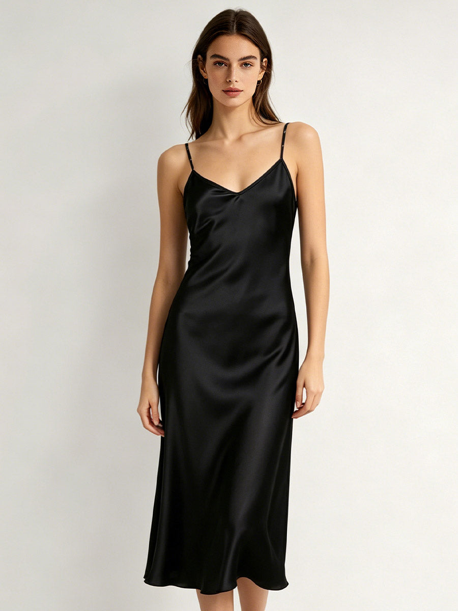 100% Pure Silk V-Neck Midi Slip Nightgown