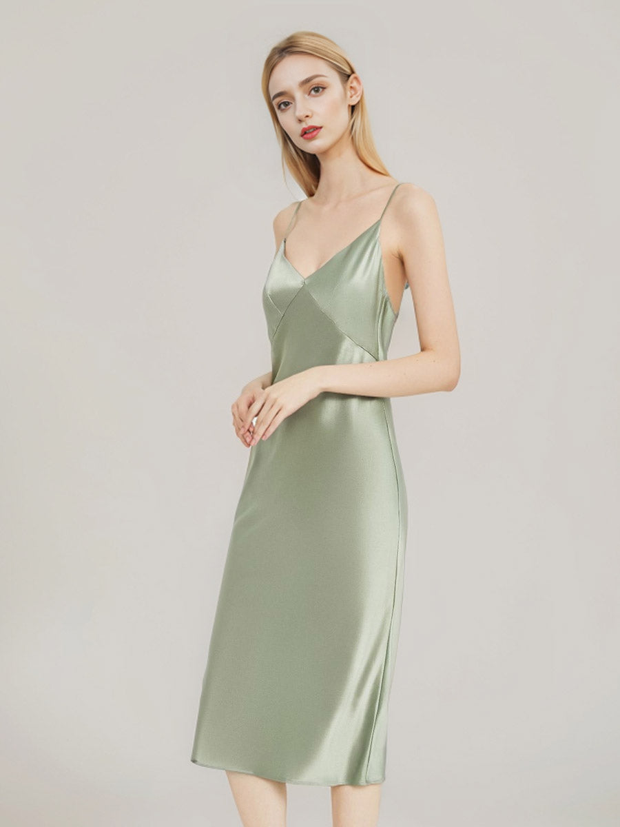 100% Pure Silk V-Neck Wrap Midi Slip Dress