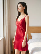 100% Pure Silk Crisscross Lace V-Neck Slip Nightgown