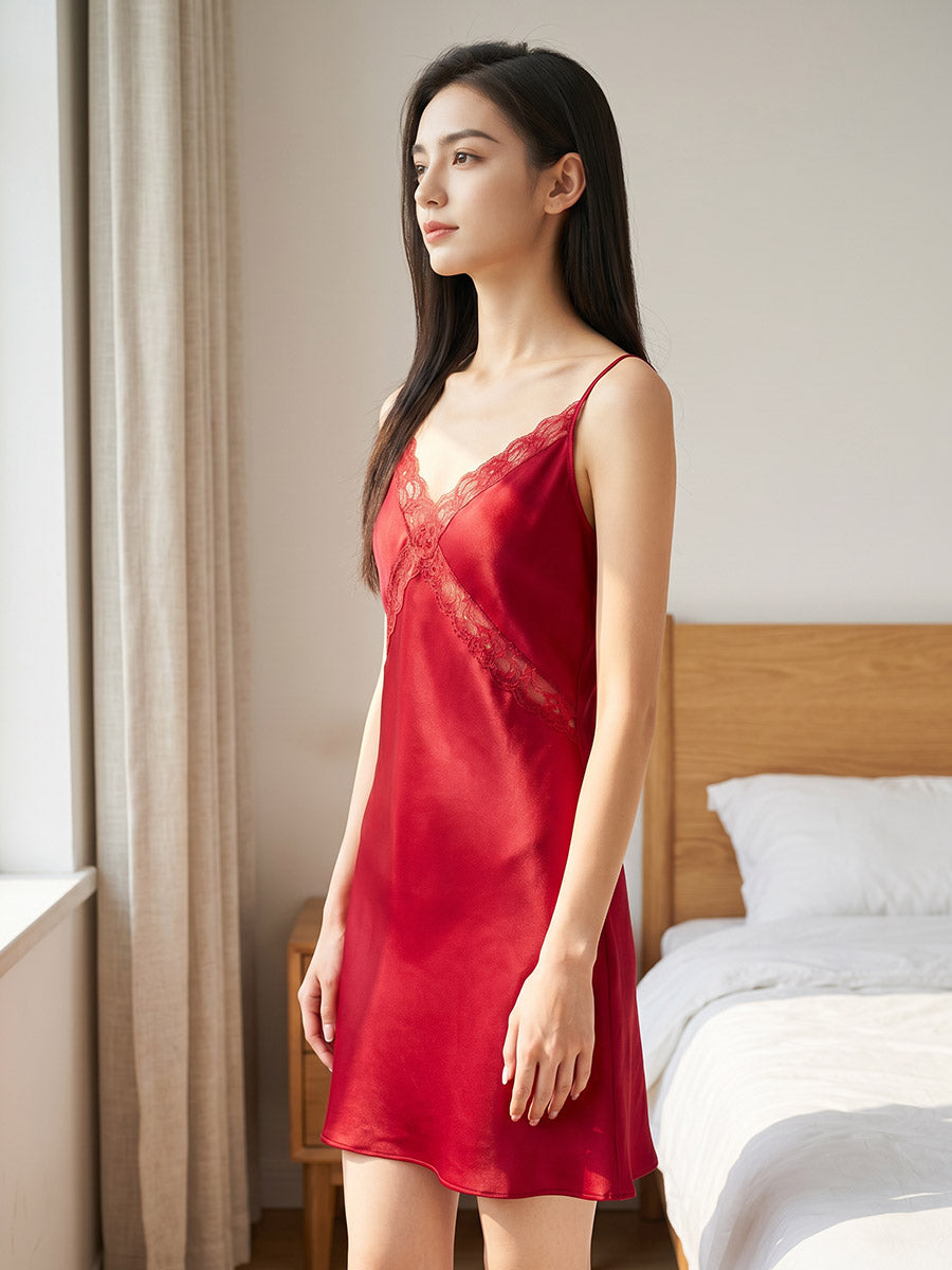 100% Pure Silk Crisscross Lace V-Neck Slip Nightgown