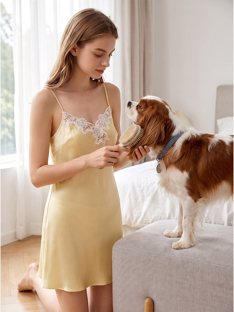 Elegant V-Neck Lace 100% Pure Silk Mini Slip Night Dress
