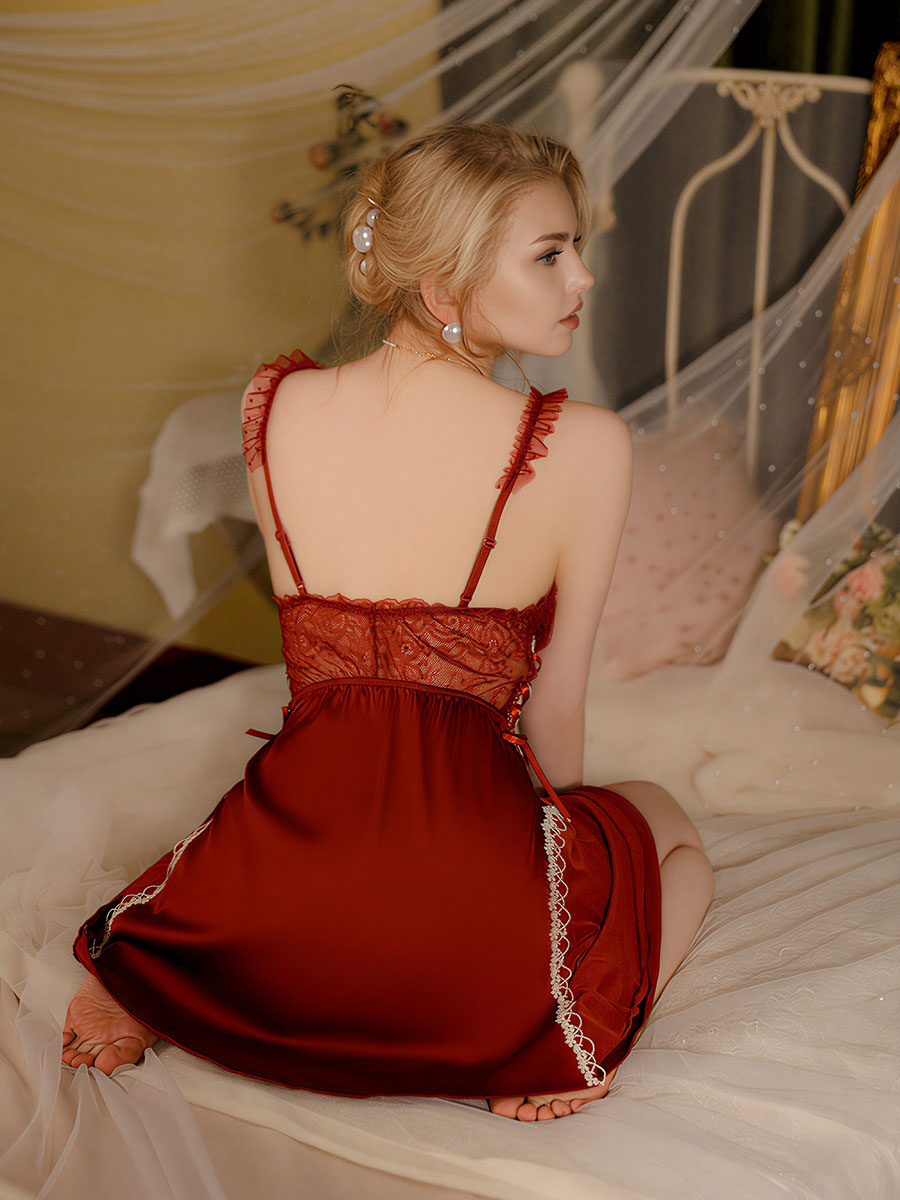 Satin & Mesh Chemise with Lace Trim