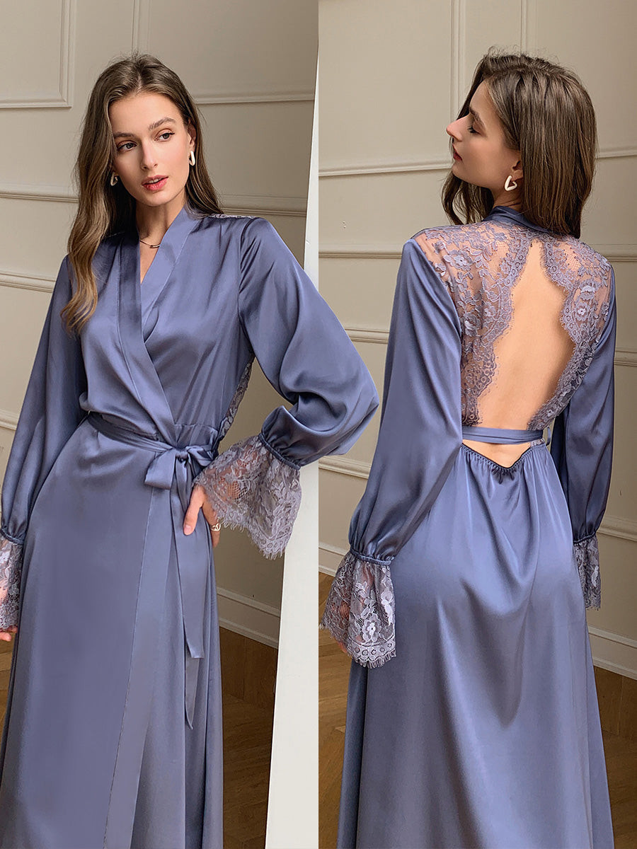 Dusty Blue Satin Chiffon Maxi Robe
