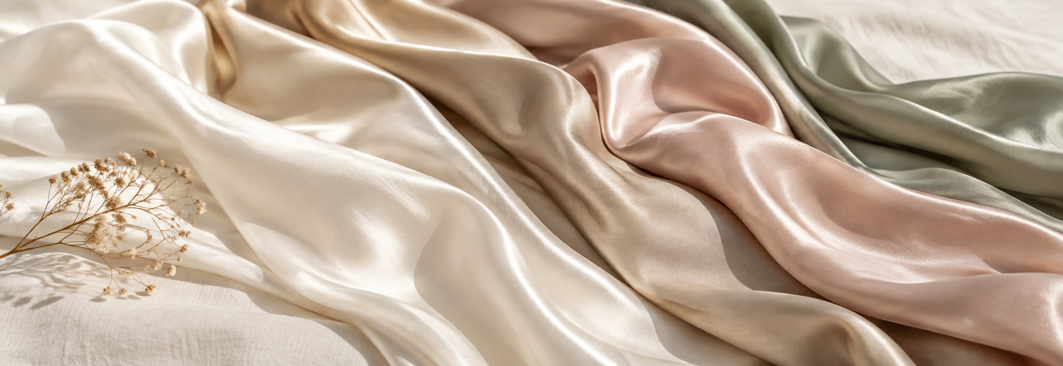 Soft silk fabrics in ivory, blush and sage, folded in warm natural light